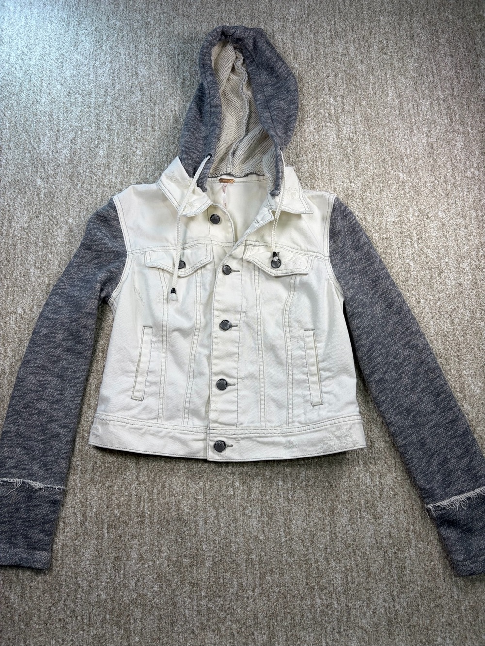 Free People Two-Tone Hooded Denim Jacket — White & Gray